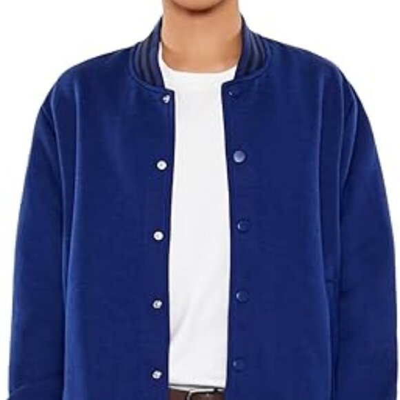 Forever Dark Navy Varsity-Striped Fleece Bomber Jacket SZ M - Picture 1 of 8